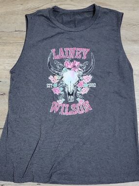 Lainey Wilson Charcoal Graphic Tank Top - Pink Floral Skull